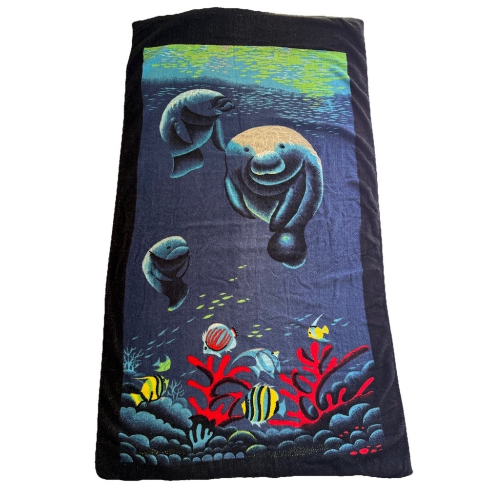 Vintage Manatee Beach Towel Sea Cow Tropical Fish Coral Reef Ocean 58x30